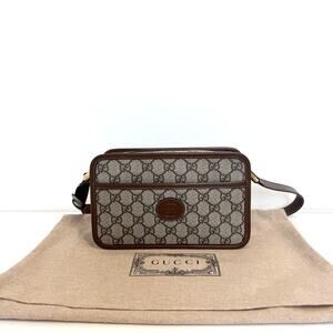 GG Supreme Monogram Mini Messenger Crossbody Brown Leather Trim Logo Camera Bag